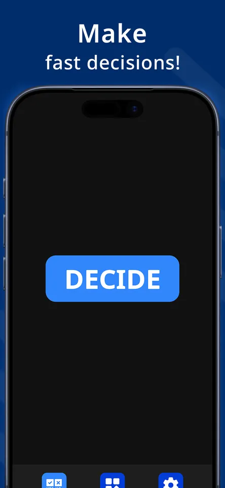 Yes or No — the DECIDE button, the decision wheel, a coin flip, the number generator, random finger selection, spin the bottle and the theme picker